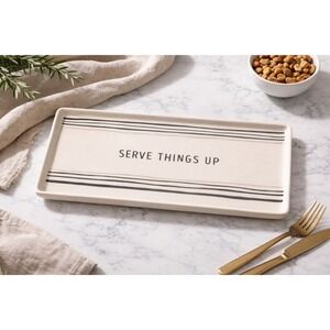 Demdaco Serve Things Up Ceramic Platter Cream Striped Rectangular Tray 10.5in